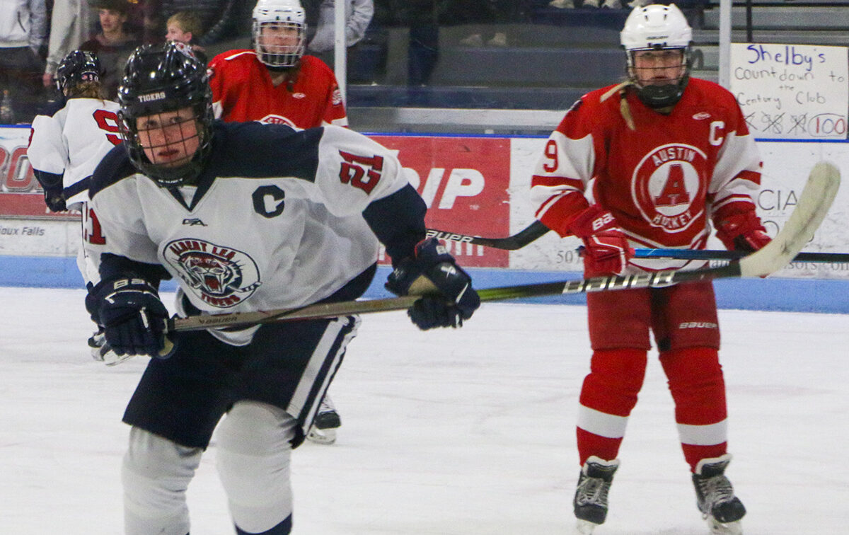 Two ice hockey players, one in a white and navy uniform and the other in red, compete for the puck during a game on an indoor rink.