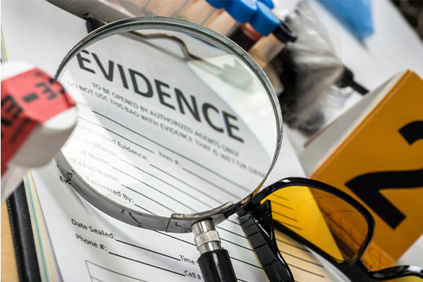 A magnifying glass placed over an evidence form, with sunglasses, test tubes, and a numbered evidence marker nearby on a table.