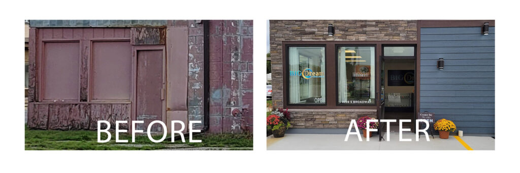 Side-by-side comparison of a building exterior before renovation, showing boarded windows, and after renovation with new siding, windows, and entrance.
