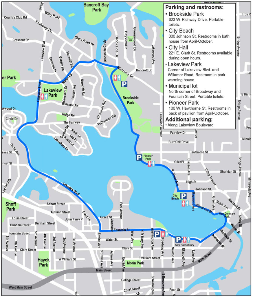 Map showing a walking loop around Lakeview Park, with parking, restrooms, and key locations such as Shoft, Hayek, Morin, Brookside, and Lakeview Parks marked along the route.