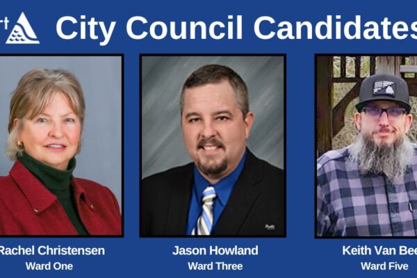 City Council Candidates for Albert Lea: Rachel Christensen (Ward One), Jason Howland (Ward Three), and Keith Van Beek (Ward Five), each shown in individual portrait photos.