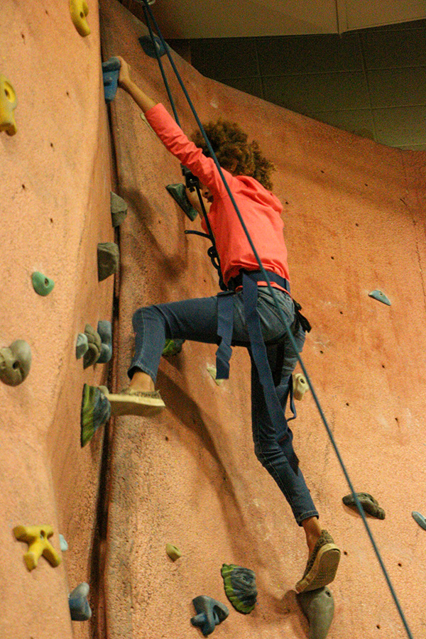 A person wearing a pink top and jeans climbs an indoor rock climbing wall, secured with a safety harness and rope.