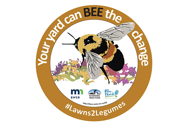 A circular badge with a bee illustration and the text "Your yard can BEE the change" and "#Lawns2Legumes" with organization logos at the bottom.