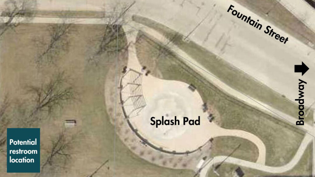 Aerial view of a park splash pad with labeled streets, Broadway and Fountain Street, and a marked potential restroom location.