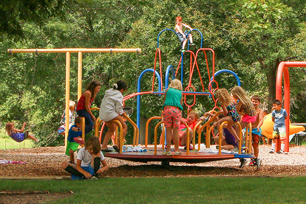 Children play on a playground with swings, a climbing structure, and a merry-go-round surrounded by trees and grass.