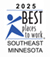 An award logo for "2025 Best Places to Work Southeast Minnesota" featuring a blue silhouette of a person reaching upwards.