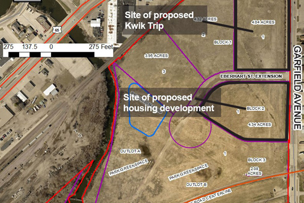 Aerial image of parcel to be developed with tags showing where a proposed housing development will be built