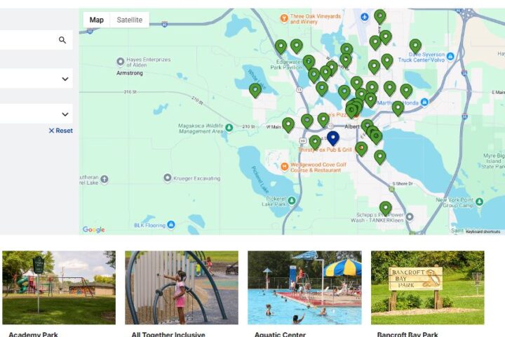Map and images showing parks, trails, and fun spots in Albert Lea, Minnesota.