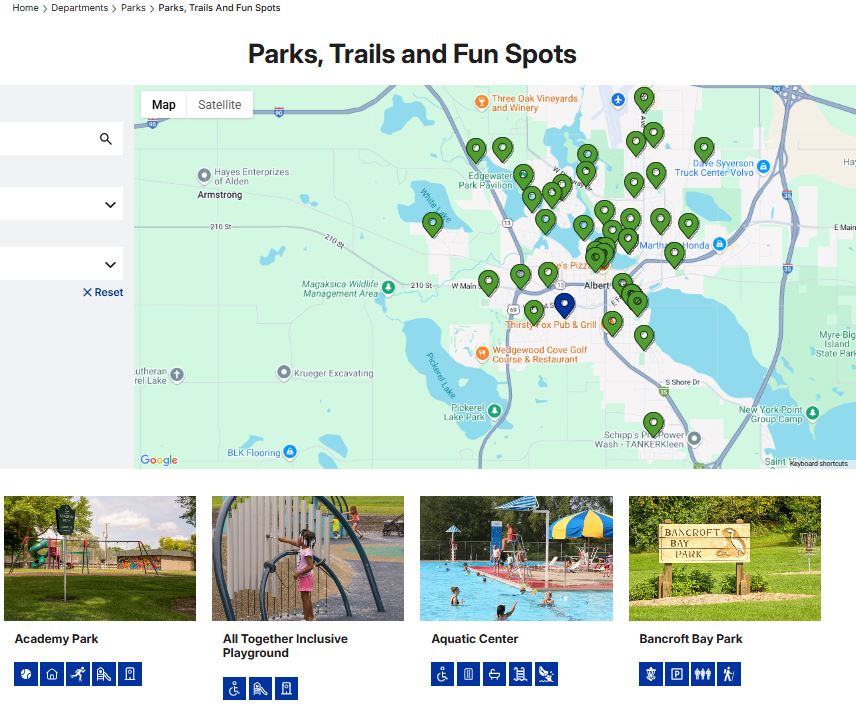 Map and images showing parks, trails, and fun spots in Albert Lea, Minnesota.
