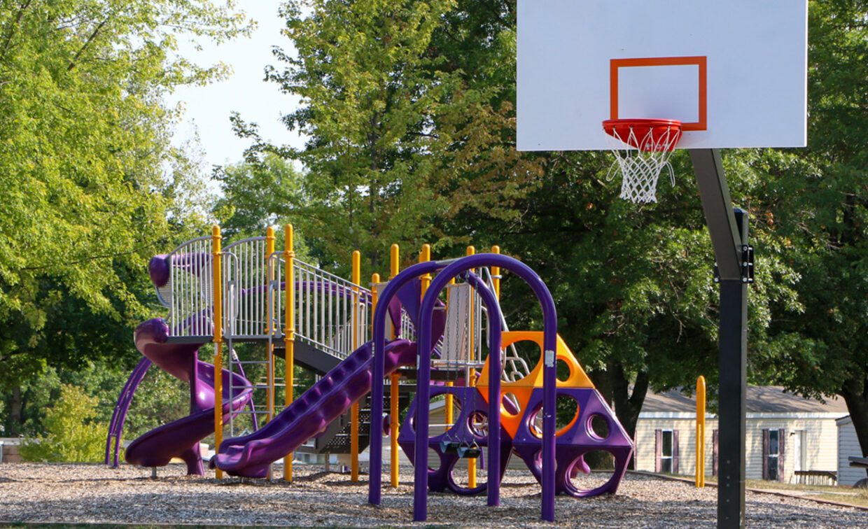 A purple and yellow playground set with slides and climbing structures stands next to a basketball hoop in a park with green trees and some houses in the background.
