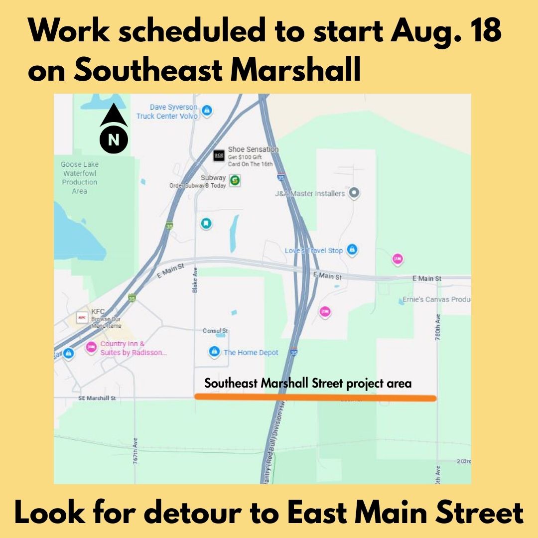 Look for detour of Southeast Marshall