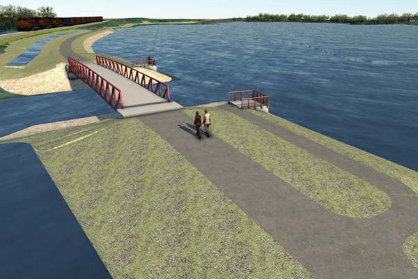 Query successful An elevated rendering shows a red trail bridge over a body of water, connecting two sections of a paved path. Two people walk on the path towards the bridge, and a train is visible in the distance on an elevated track.