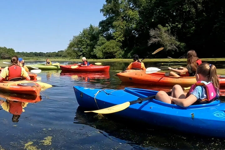 A group of adults and children in colorful kayaks paddle on a calm, tree-lined waterway under a clear sky.